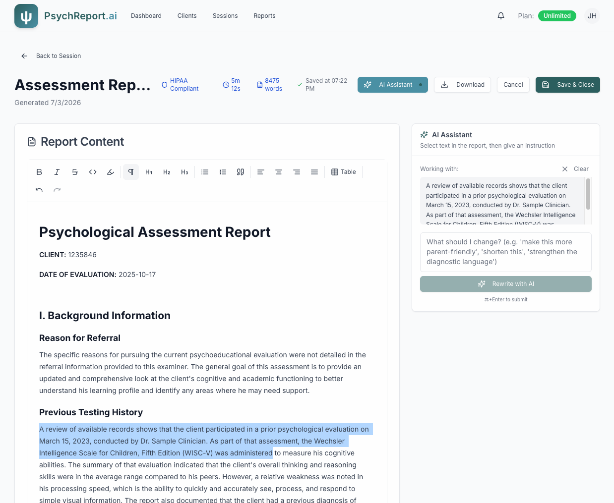 Report draft open in the PsychReport editor