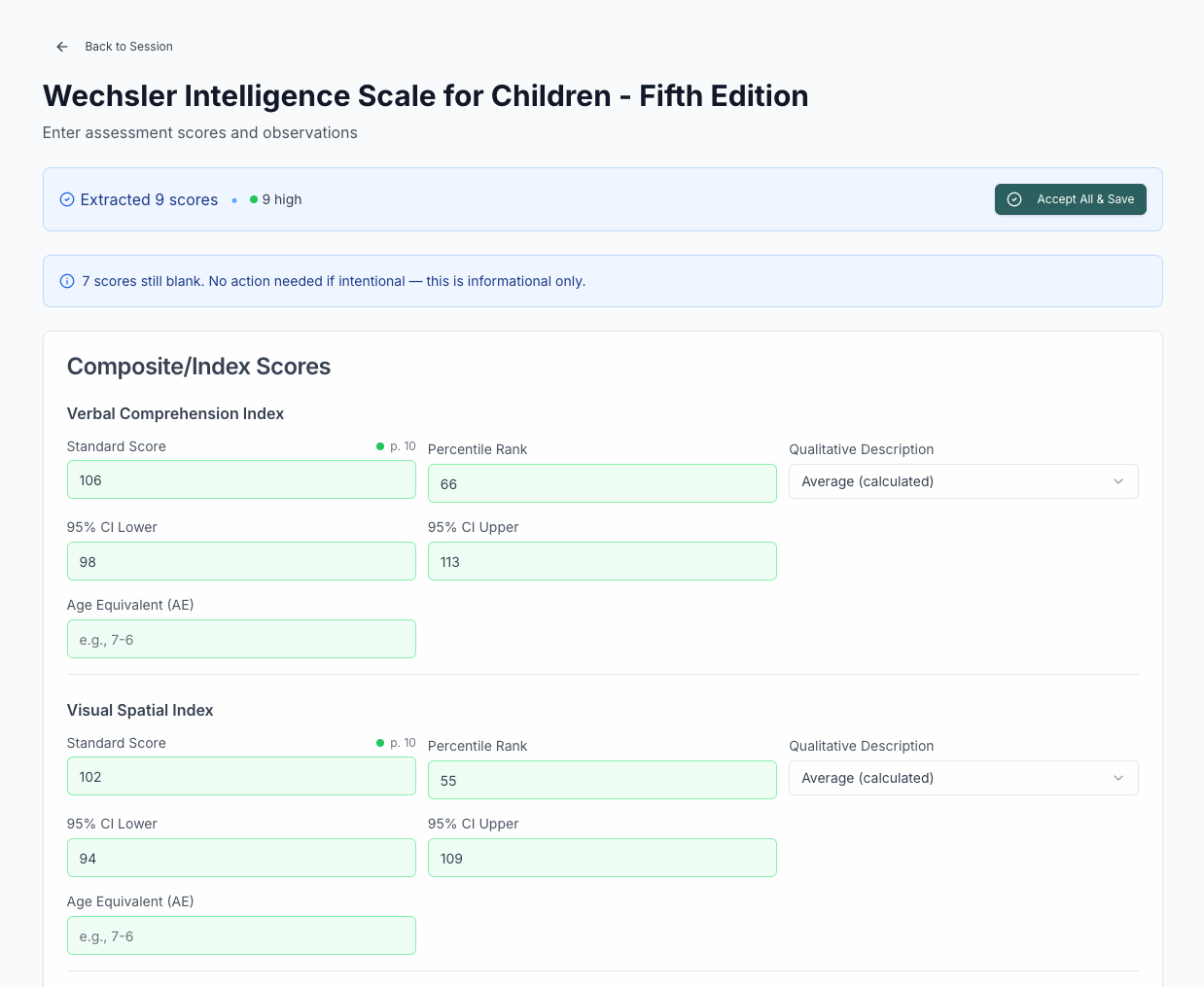 Score entry template in PsychReport